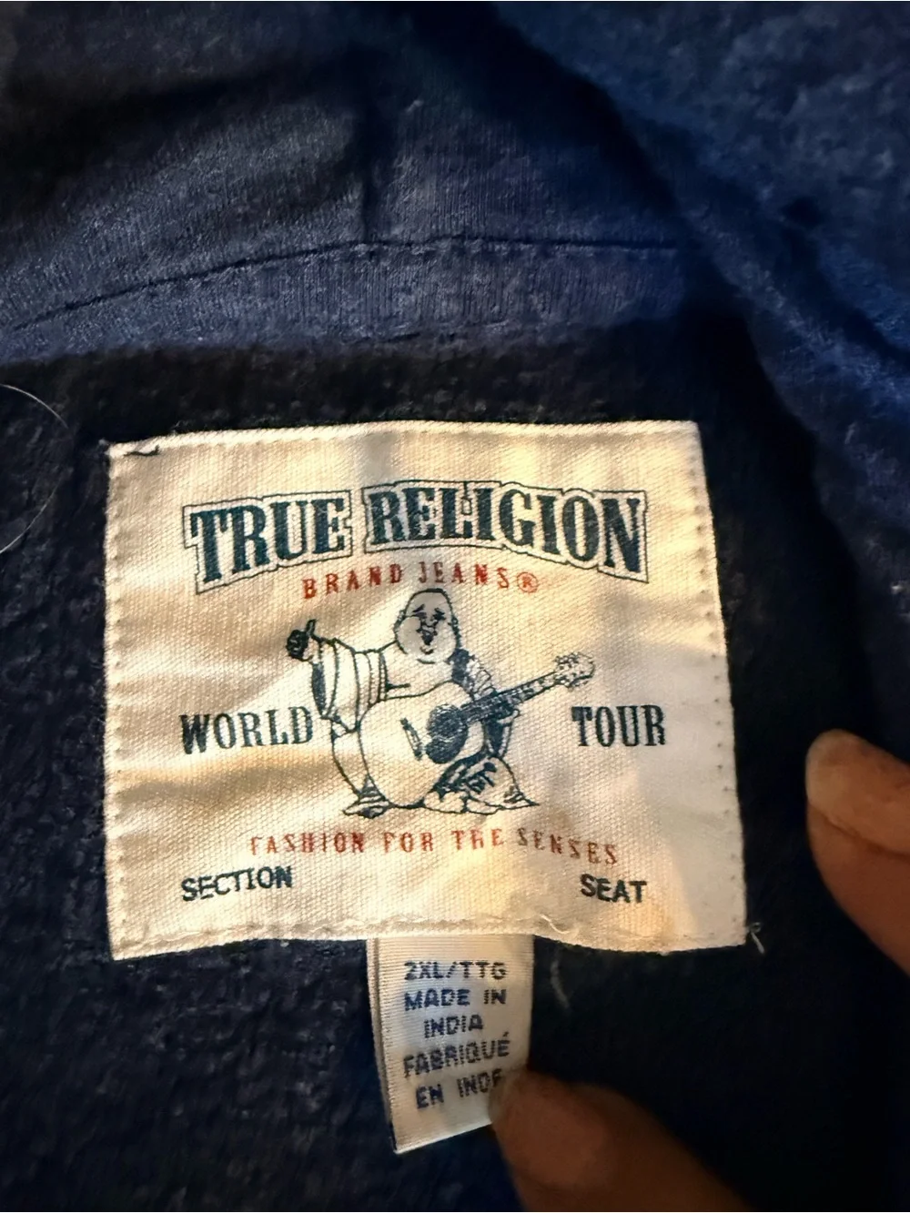 True Religion Men's Zip-Up Hoodie in Dark Navy with Cream Accents